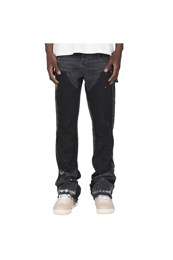 Men's Slim Fit Ripped Jeans Distressed Patchwork Stacked Straight Leg Stretch Denim Pants with Pockets Gray S