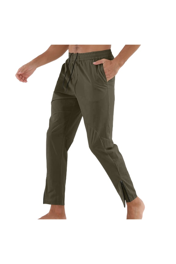 Men's Slim-Fit Trousers 2025 Summer Straight Leg Casual Pants Drawstring Waist Side Zipper Hem Pant With Pockets Army Green 6