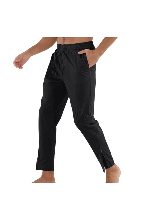 Men's Slim-Fit Trousers 2025 Summer Straight Leg Casual Pants Drawstring Waist Side Zipper Hem Pant With Pockets Black 12