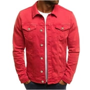 YLSDY Mens Slim Fit Trucker Jean Jacket Black Denim Trucker Coats Washed Long Sleeve Jean Jackets Outwear with Button Closure Basic Stand Collar Jean Trucker Jackets Red L