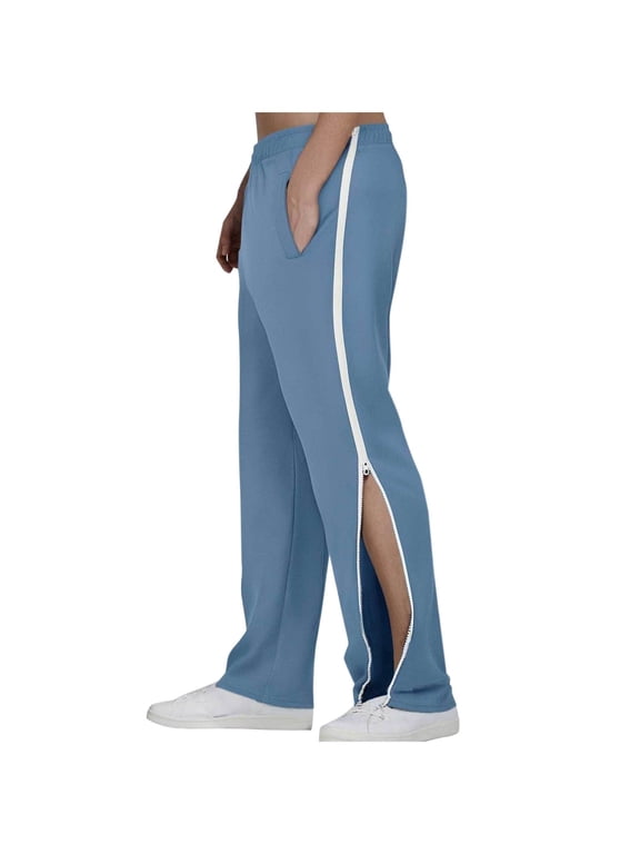 Men's Slit Side Basketball Pants Elastic Waist Casual Drawstring Zip Up Summer Wide Leg Sweatpants with Pockets Blue M