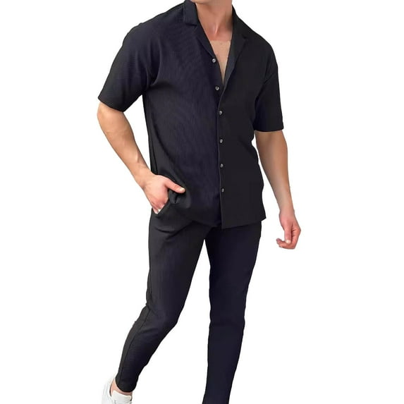 YLSDY Men's Soft Cotton Knit Jersey Pajamas Lounge Set, Short Sleeve Button Down Lapel Shirt and Long Pants with Pockets Black L