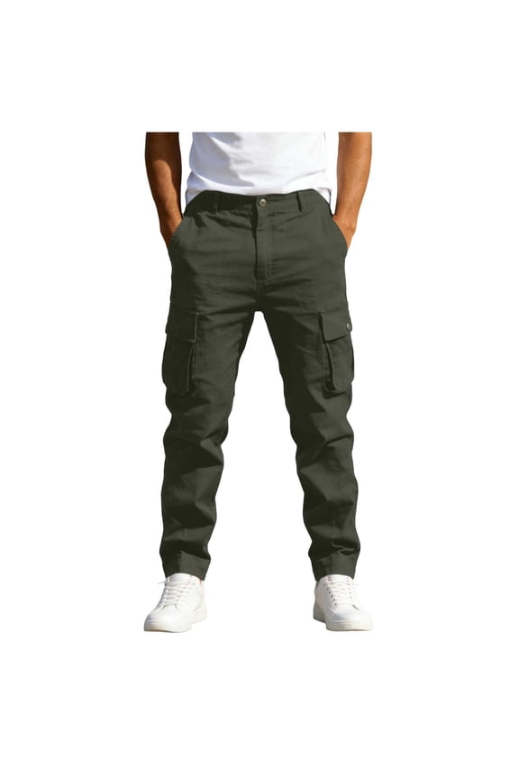 Men's Solid Cargo Pants, Button & Zipper Waist, 4 Functional Pockets, Casual Utility Trousers for Outdoor & Daily Green XL