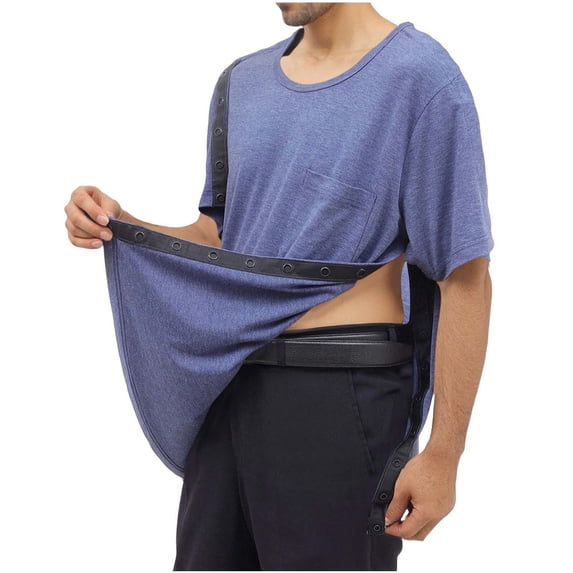 YLSDY Men's Solid Chest Pocket Post Surgery Top Snap Front Short Sleeve Adaptive Round Neck Shirt Blue M