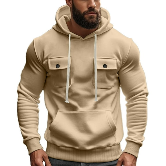 YLSDY Men's Solid Color Hooded Sweatshirts Casual Sports Hoodies Fall Fashion Outdoor Athletic Running Tops Khaki XL