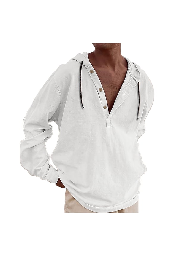 Men's Solid Color Long Sleeve Hooded Button Up Linen Loose Tunic Shirts Tops Blouse White M