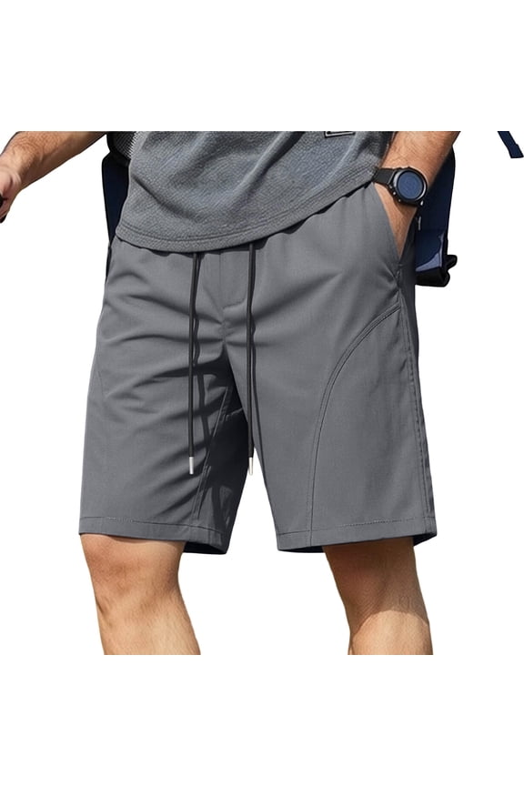 Men's Solid Elastic Waist Cargo Shorts, Multi-Pocket Design, Knee Length Casual Shorts Gray L