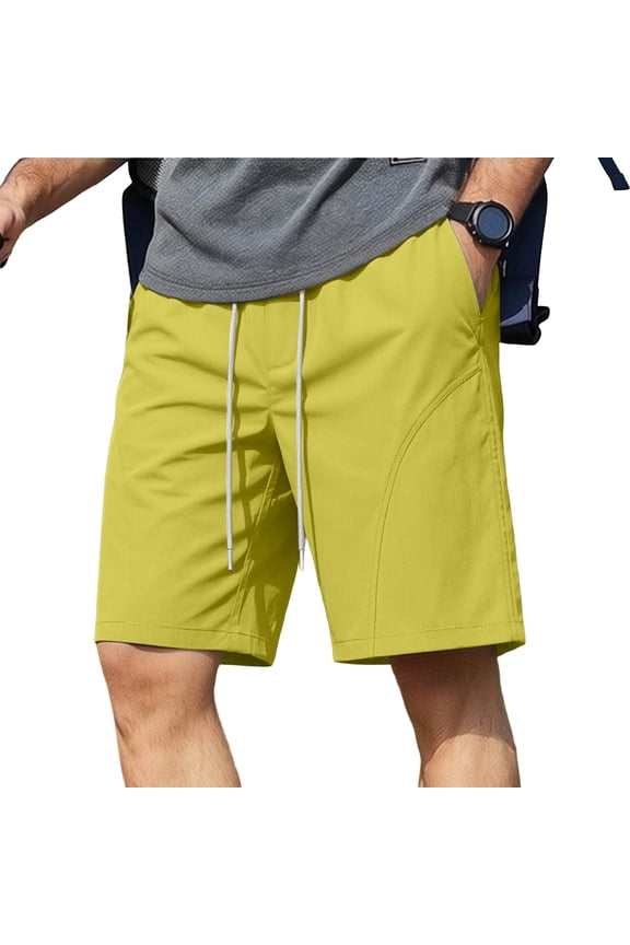 Men's Solid Elastic Waist Cargo Shorts, Multi-Pocket Design, Knee Length Casual Shorts Yellow M