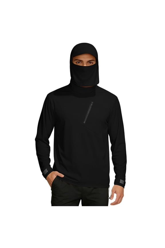 Men's Solid Hooded Long Sleeve Pullover Chest Pocket Ice Silk Sun Protection Shirt UPF Top Black M