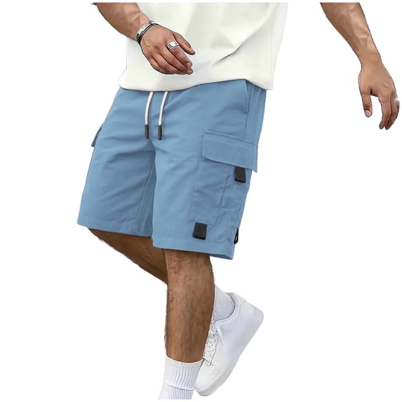 YLSDY Men's Solid Outdoor Cargo Shorts, Drawstring Elastic Waist, Multi-Pocket Casual Fashion Shorts Light Blue L