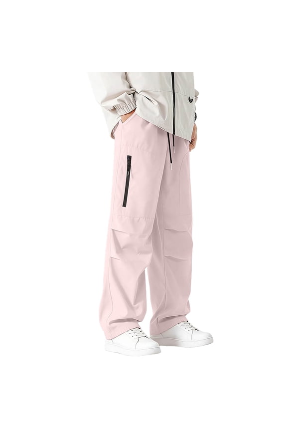 Men's Solid Techwear Cargo Pants, Elastic Drawstring Waist, Multi Zipper Pockets, Outdoor Streetwear Trousers Pink L