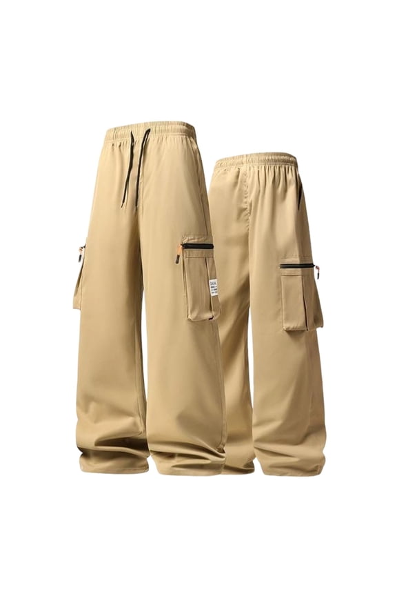 Men's Solid Techwear Cargo Pants, Elastic Drawstring Waist, Wide Leg, Outdoor Streetwear Utility Trousers Khaki XS