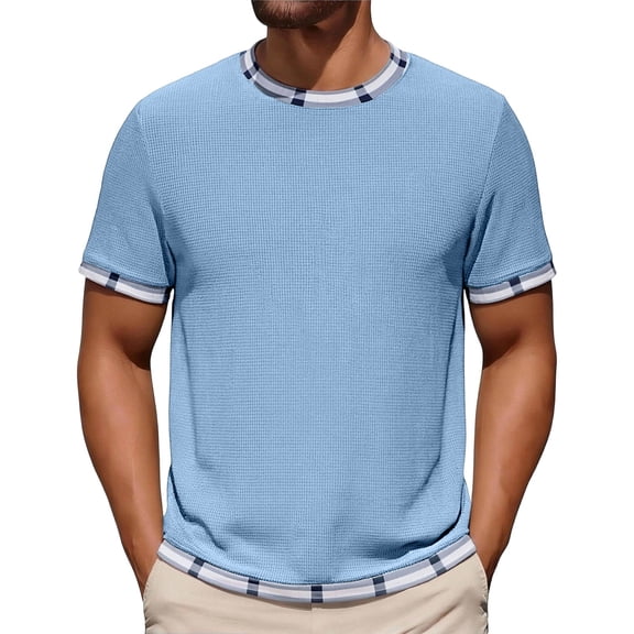 YLSDY Men's Solid Waffle Knit Crew Neck Short Sleeve Tee Casual Fashion Fake Two Piece Top Blue S