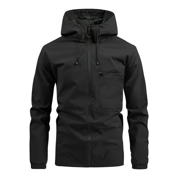 YLSDY Men's Solid Zip Up Drawstring Pocket Hooded Jacket,Regular Fit Casual Long Sleeve Outerwear Waterproof Windbreaker Shell Jacket Black XXL