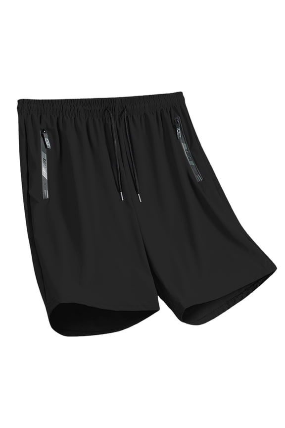 Men's Solid Zipper Pocket Quick Dry Shorts, Drawstring Elastic Waist, Lightweight Sports Shorts Black M