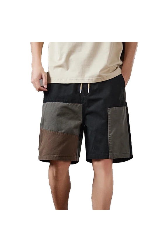 Men's Sports Shorts Color Block Patched Drawstring Short with Pockets Knee Length Outdoors Workout Party Splicing Short Pants Black XL