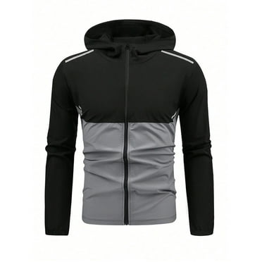 YLSDY Men's Sportswear Two Tone Colorblock Reflective Splice Hooded Zipper Jacket with Pockets Windproof Activewear Coats Black M