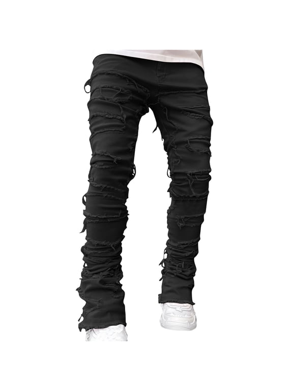 Men's Stacked Destroyed Jeans Straight Fit Biker Stretch Denim Washed Slim Fit Ripped Distressed Streetwear Black M