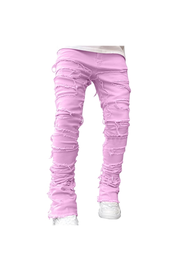 Men's Stacked Destroyed Jeans Straight Fit Biker Stretch Denim Washed Slim Fit Ripped Distressed Streetwear Pink M