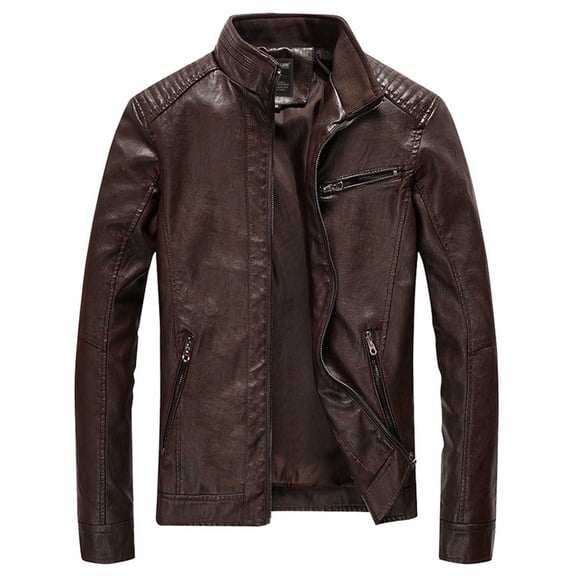 YLSDY Men's Stand Collar Leather Jacket Long Sleeve Zip up Motorcycle Lightweight Faux Leather Outwear Coat with Front Pockets Coffee L