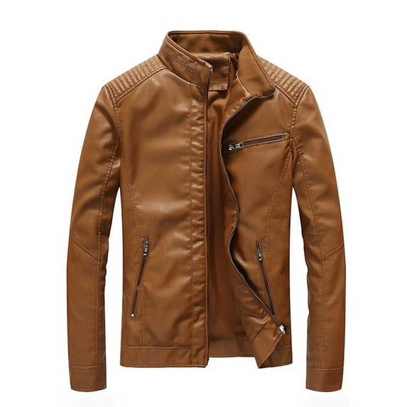 YLSDY Men's Stand Collar Leather Jacket Long Sleeve Zip up Motorcycle Lightweight Faux Leather Outwear Coat with Front Pockets Yellow M