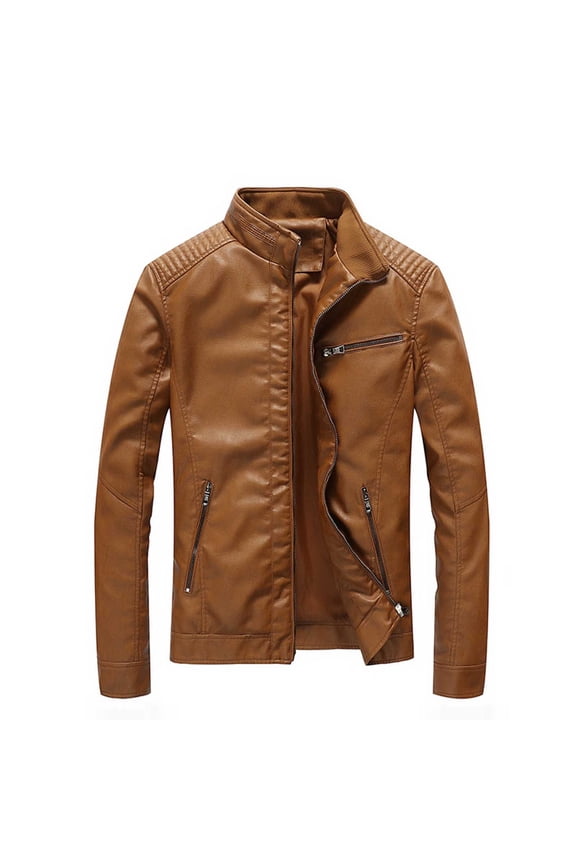 Men's Stand Collar Leather Jacket Long Sleeve Zip up Motorcycle Lightweight Faux Leather Outwear Coat with Front Pockets Yellow XXL