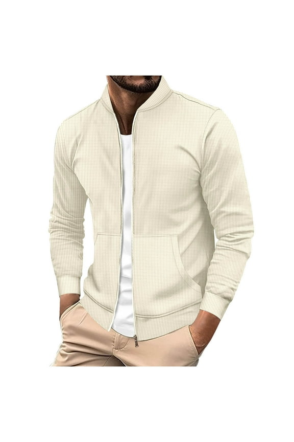 Men's Stand Collar Waffle Track Jackets Outdoor Casual Long Sleeve Full Zip Outerwear Sports Coat with Pockets Khaki S