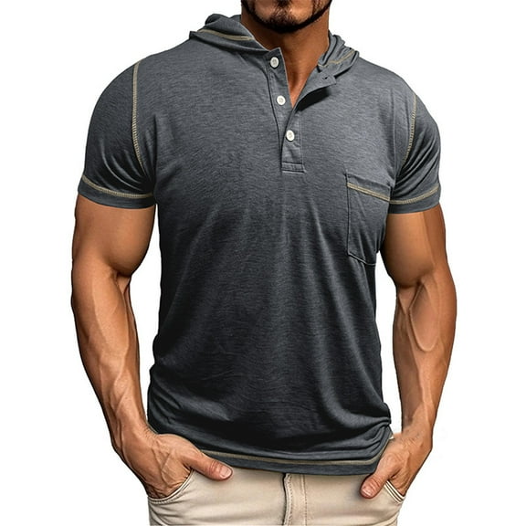 YLSDY Men's Stitching Casual Henley Shirts Classic Button Short Sleeve Hoodie T-Shirt Summer Basic Lightweight Tees Tops Dark Gray XXL