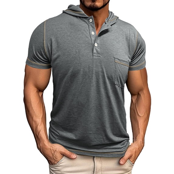 YLSDY Men's Stitching Casual Henley Shirts Classic Button Short Sleeve Hoodie T-Shirt Summer Basic Lightweight Tees Tops Gray XXL