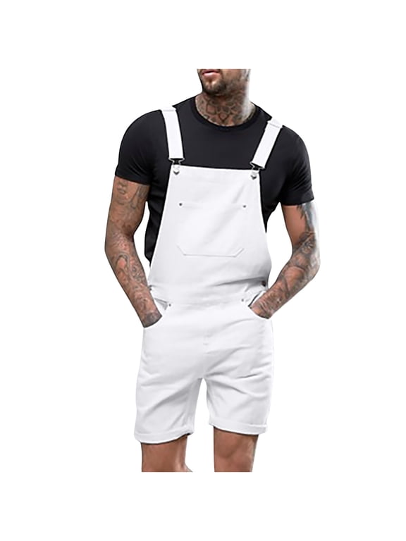 Men's Straight Fit Work Denim Bib Overalls Slim Fit Denim Overalls Shorts Suspender Dungarees Playsuit Rompers with Pockets White XL