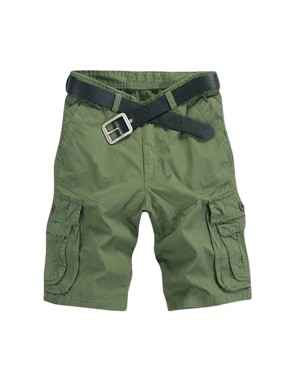 Men's Straight Leg Cargo Shorts with Belt Summer Solid Color Multi-pocket Bermuda Shorts Workout Gym Knee Length Shorts Green L