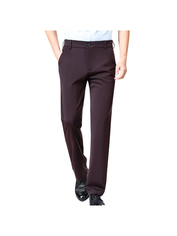 Men's Straight Leg Dress Pants Business Office Work Trousers Comfort Stretch Pants with Pockets Wine S