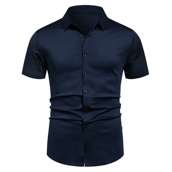 YLSDY Men's Stretch Dress Shirts Short Sleeve Wrinkle Free Casual Button Down Shirts Summer Shirt Untucked Business Shirts Dark Blue XXL