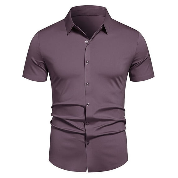 YLSDY Men's Stretch Dress Shirts Short Sleeve Wrinkle Free Casual Button Down Shirts Summer Shirt Untucked Business Shirts Purple XL