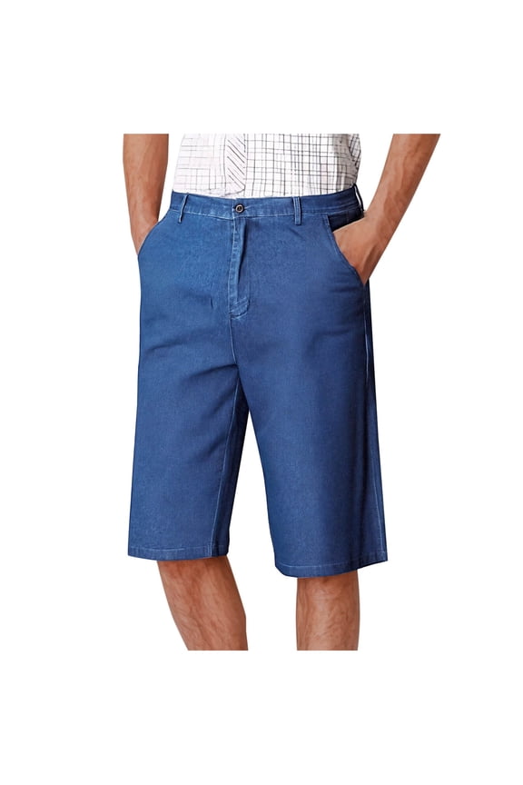 Men's Stretch Waist Pull On Shorts Free of Buttons & Snaps in Denim Zipper High Stretch Straight Leg High Waisted Capris Jeans Sky Blue S