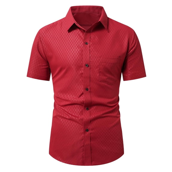 YLSDY Men's Stretch Wrinkle Free Dress Shirts Formal Wedding Prom Short Sleeve Slim Fit Button Down Shirt Red XL