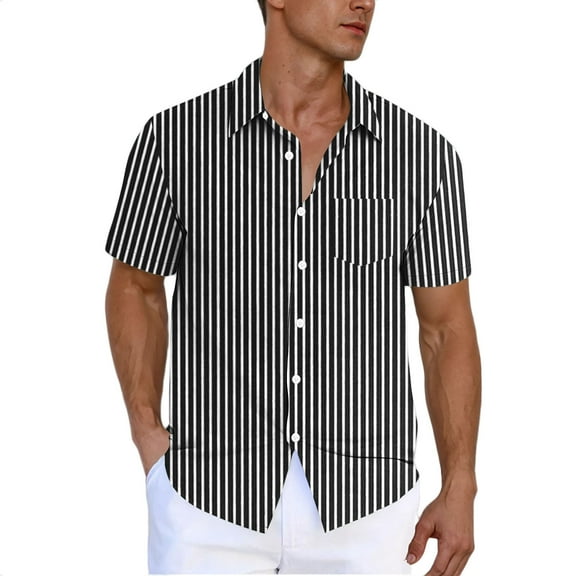 YLSDY Men's Striped Button Down Shirt - Casual Short Sleeve Regular Fit Business Dress Shirts Summer Fashion Tee Tops with Pocket Black XXXL