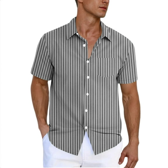 YLSDY Men's Striped Button Down Shirt - Casual Short Sleeve Regular Fit Business Dress Shirts Summer Fashion Tee Tops with Pocket Dark Gray XXXL