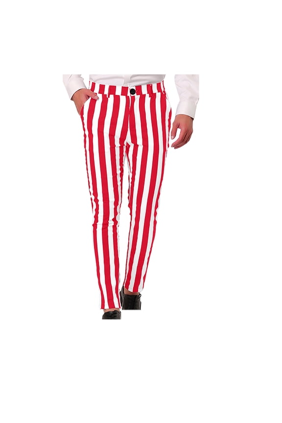Men's Striped Dress Pants Flat Front Lightweight Tapered Chino Trousers Slim Fit Casual Office Work Business Trousers Straight Leg Trousers with Pockets Red S