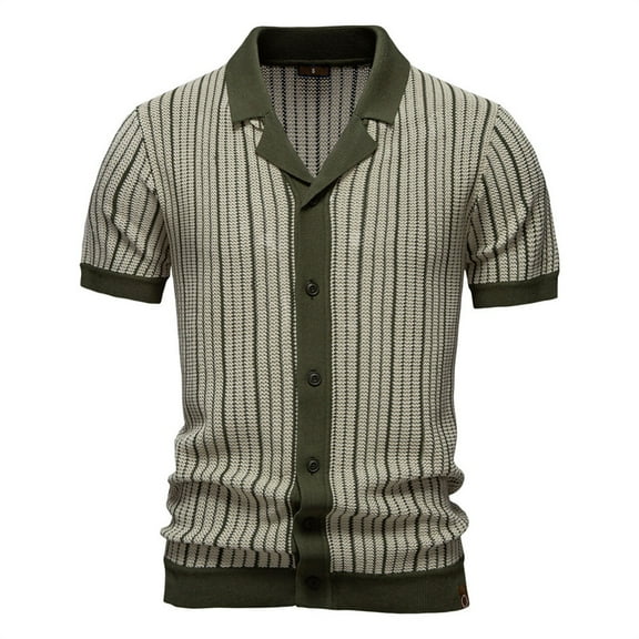 YLSDY Men's Striped Knitted Button Collared Shirt Lapel Single-Breasted Casual Business Cardigan T-Shirt Tops Retro Knit Vintage Striped Shirt Army Green S