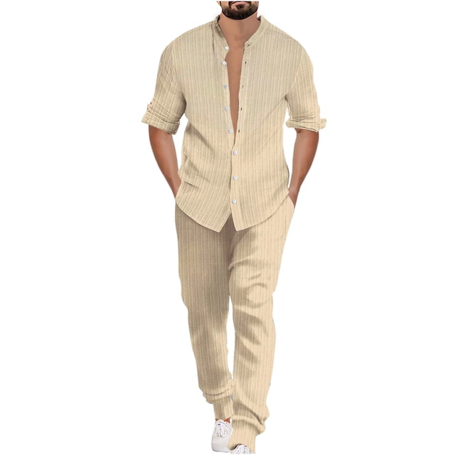 Fortino Landi Men's Casual Walking Suit - Long Sleeve Point Collar Shirt & Pants Set 2762