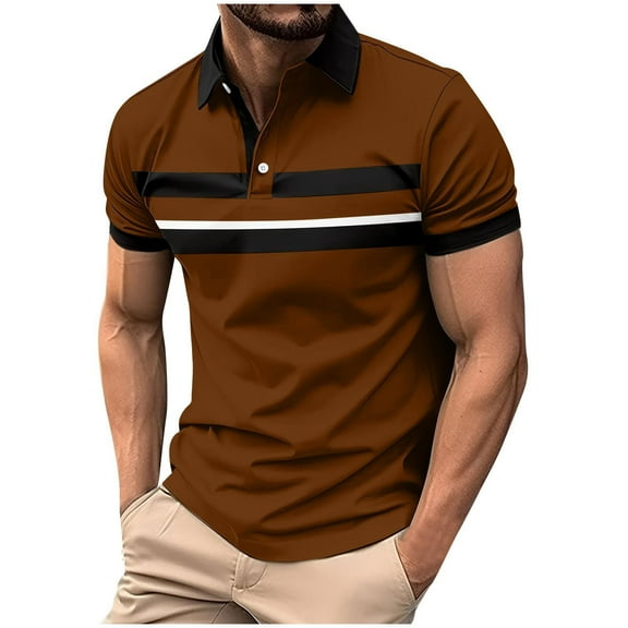 YLSDY Men's Striped Stand Collar Classic Buttons T-Shirt Short Sleeve Regular Fit Summer Tees Tops Breathable Sports Shirt Brown XXL