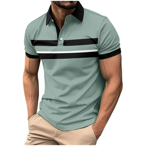 YLSDY Men's Striped Stand Collar Classic Buttons T-Shirt Short Sleeve Regular Fit Summer Tees Tops Breathable Sports Shirt Green XXXL
