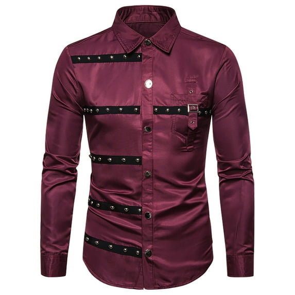 YLSDY Men's Studded Long Sleeve Button Down Shirt Slim Fit Dress Shirt Punk Rock Formal Shirt Long Sleeve Button Down Wine L