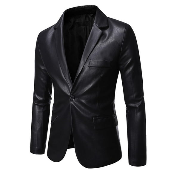 YLSDY Men's Stylish PU Leather Blazer Jacket Business Slim Fit One Button Suit Blazer Coats Outwear with Pockets Black M