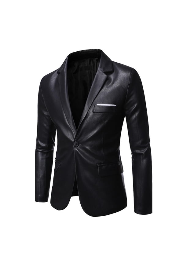 Men's Stylish PU Leather Blazer Jacket Business Slim Fit One Button Suit Blazer Coats Outwear with Pockets White M