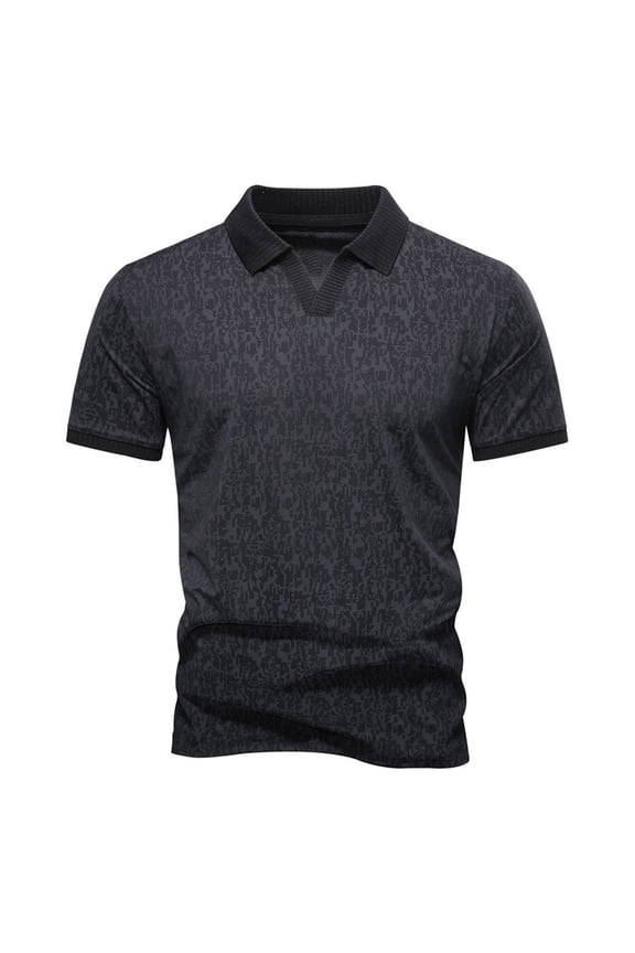 Men's Subtle Camo Print Golf Shirt, V-Neck Collar, Short Sleeve Casual Top Black M