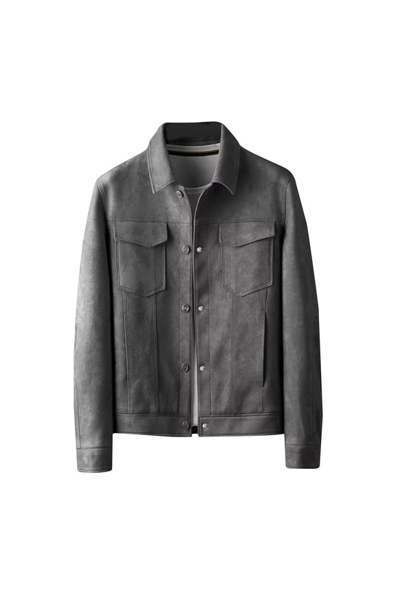 Men's Suede Jacket Button Up Long Sleeve Outwear Suede Jacket Slim Fit Soft Comfortable Lightweight Outerwear Gray XXXL