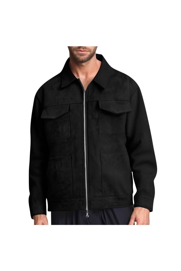 Men's Suede Jacket Full Zipper Casual Trendy Stylish Jacket Lapel Collar Long Sleeve Outerwear with Multi Pockets Black S