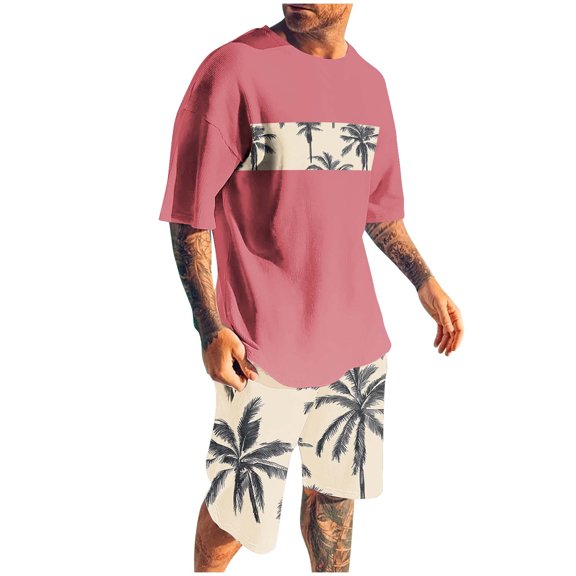 YLSDY Men's Summer 2 Piece Set Outfits Tropical Print Short Sleeve Tee and Shorts Set Summer Holiday Fashion Pink L